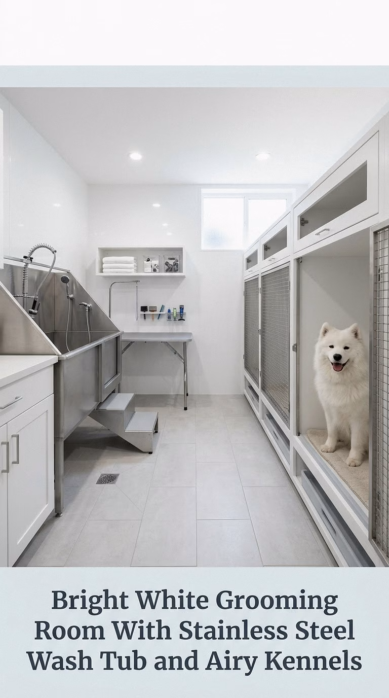 Bright White Grooming Room With Stainless Steel Wash Tub and Airy Kennels
