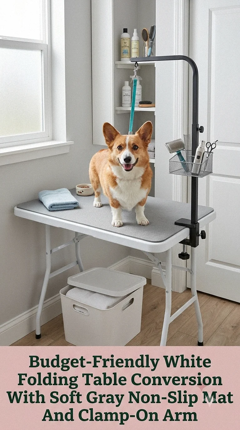 Budget-Friendly White Folding Table Conversion With Soft Gray Non-Slip Mat And Clamp-On Arm