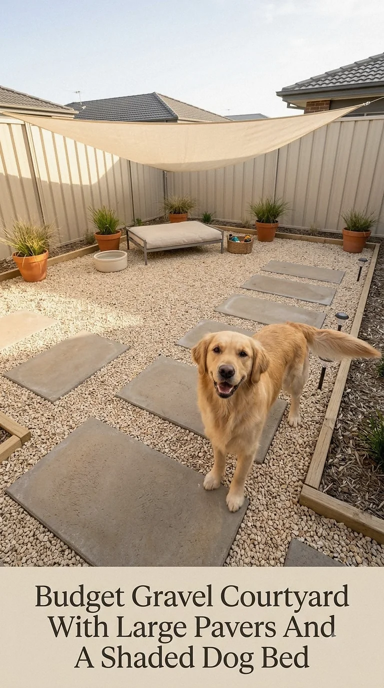 Budget Gravel Courtyard With Large Pavers And A Shaded Dog Bed