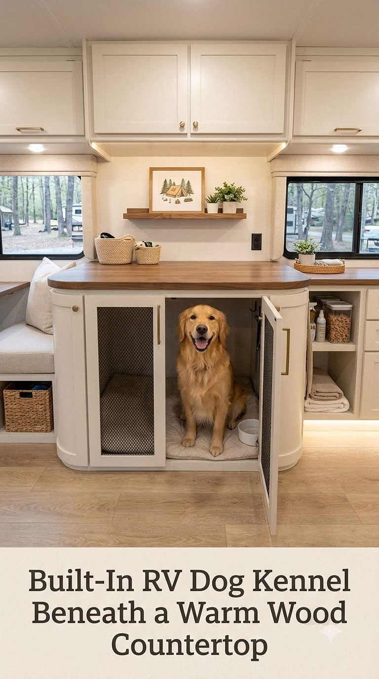 Built-In RV Dog Kennel Beneath a Warm Wood Countertop