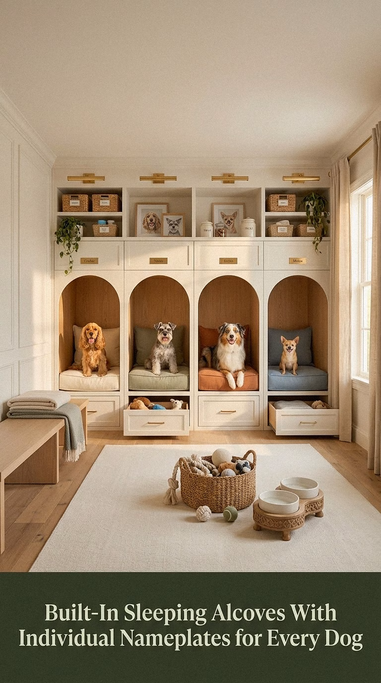 1. Built-In Sleeping Alcoves With Individual Nameplates for Every Dog