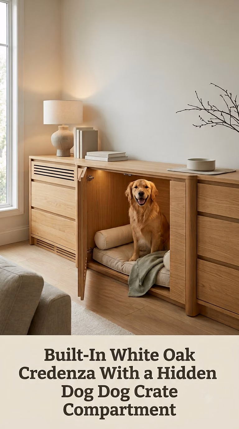 Built-In White Oak Credenza With a Hidden Dog Crate Compartment