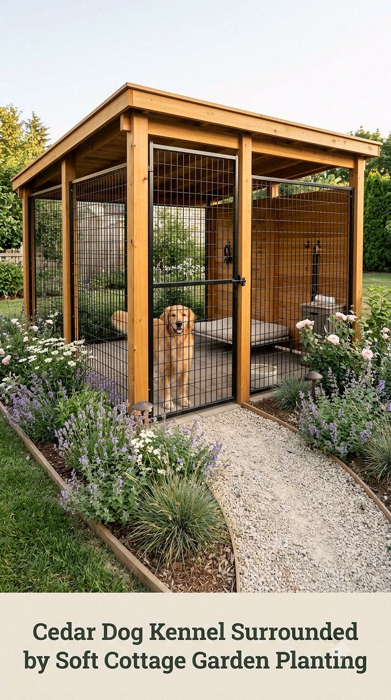 Cedar Dog Kennel Surrounded by Soft Cottage Garden Planting