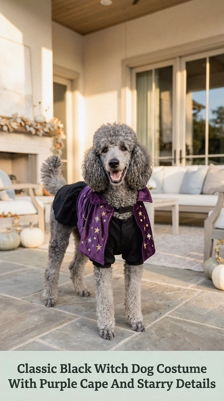 Classic Black Witch Dog Costume With Purple Cape And Starry Details
