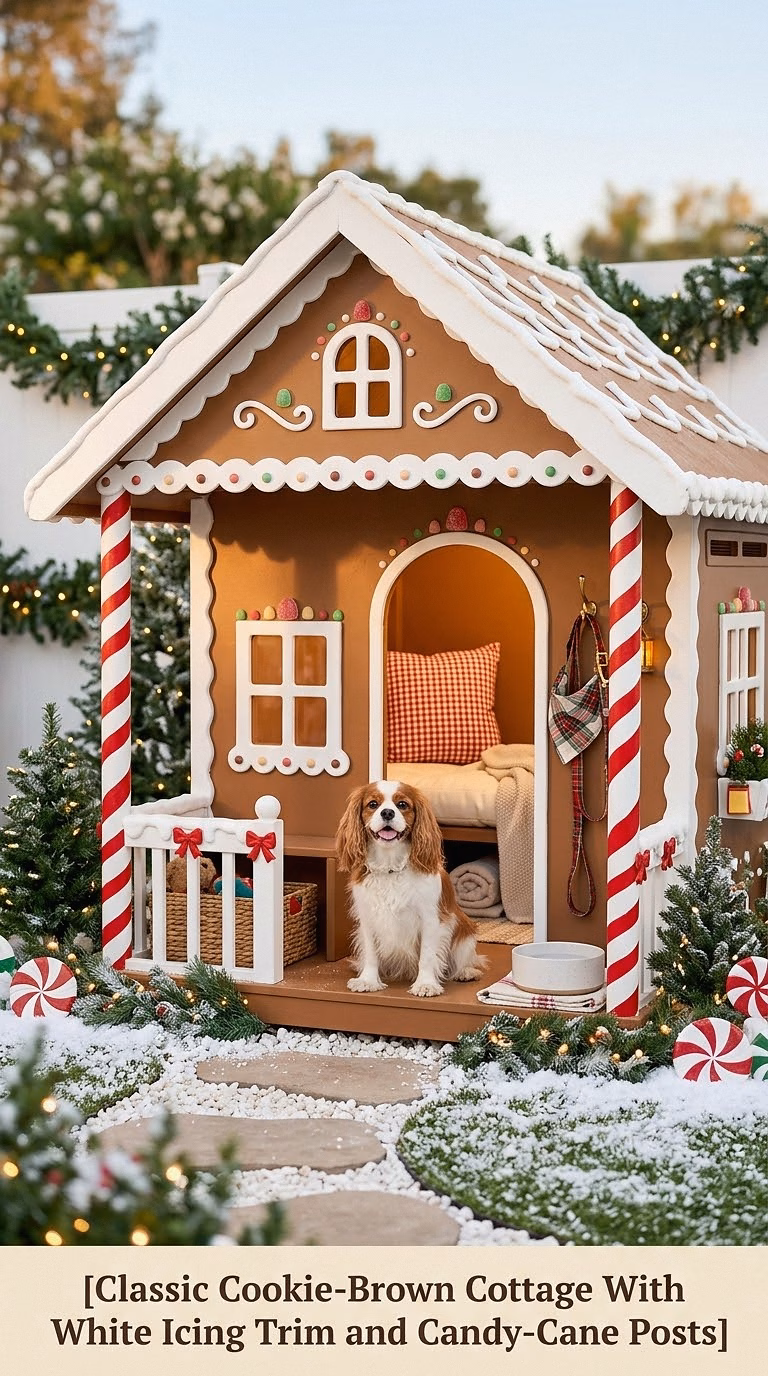 Classic Cookie-Brown Cottage With White Icing Trim and Candy-Cane Posts