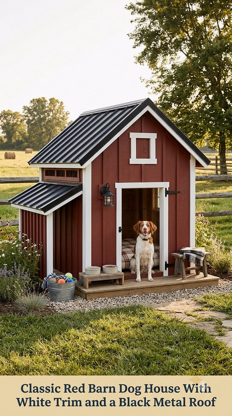 1. Classic Red Barn Dog House With White Trim and a Black Metal Roof