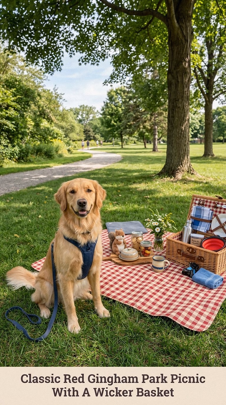 Classic Red Gingham Park Picnic With A Wicker Basket