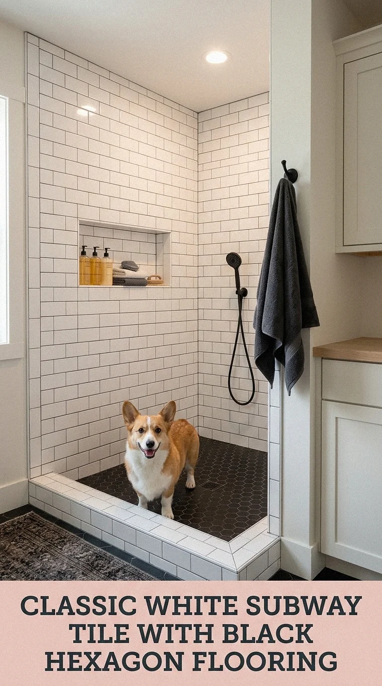 Classic White Subway Tile With Black Hexagon Flooring