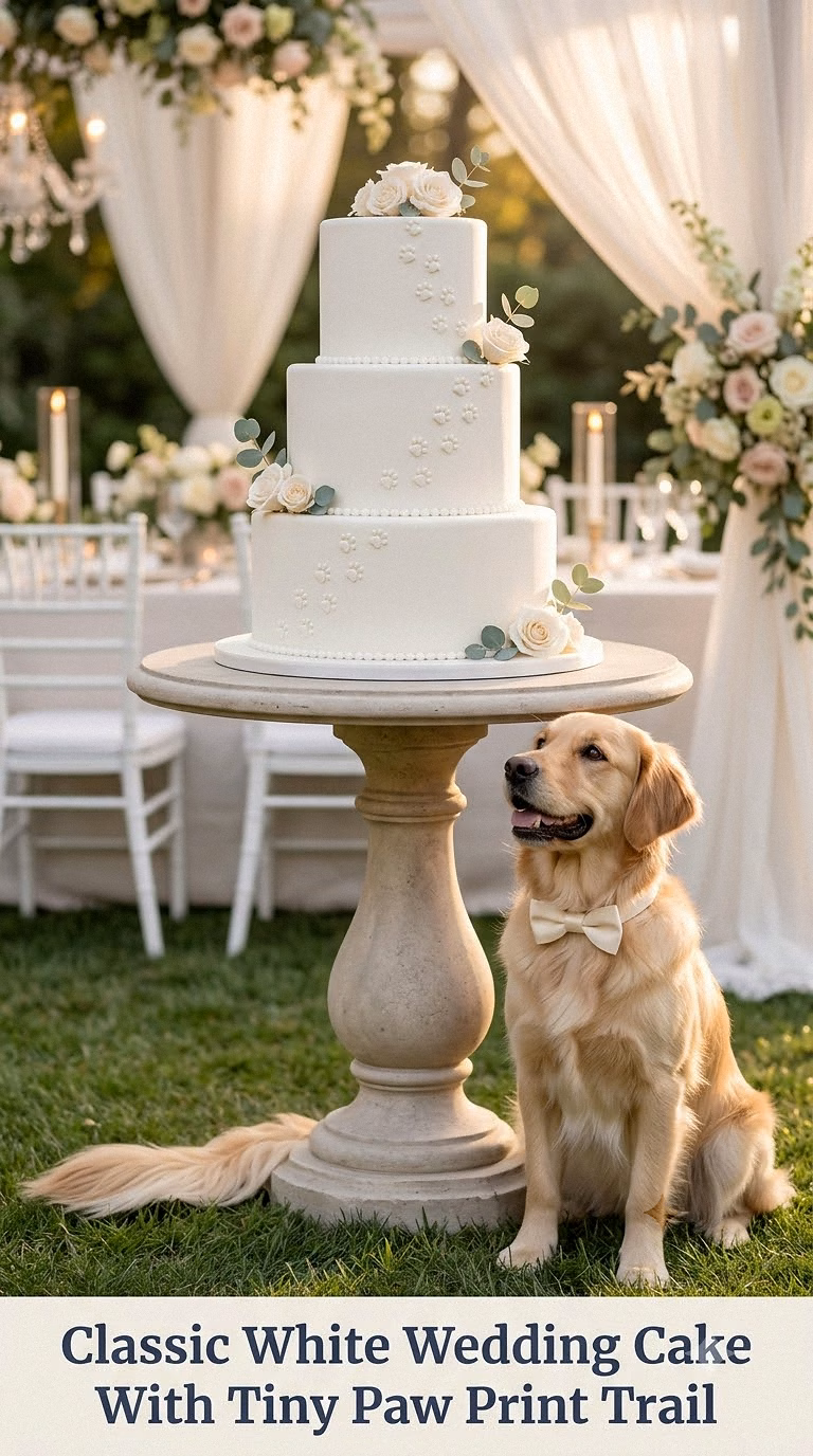 Classic White Wedding Cake With Tiny Paw Print Trail