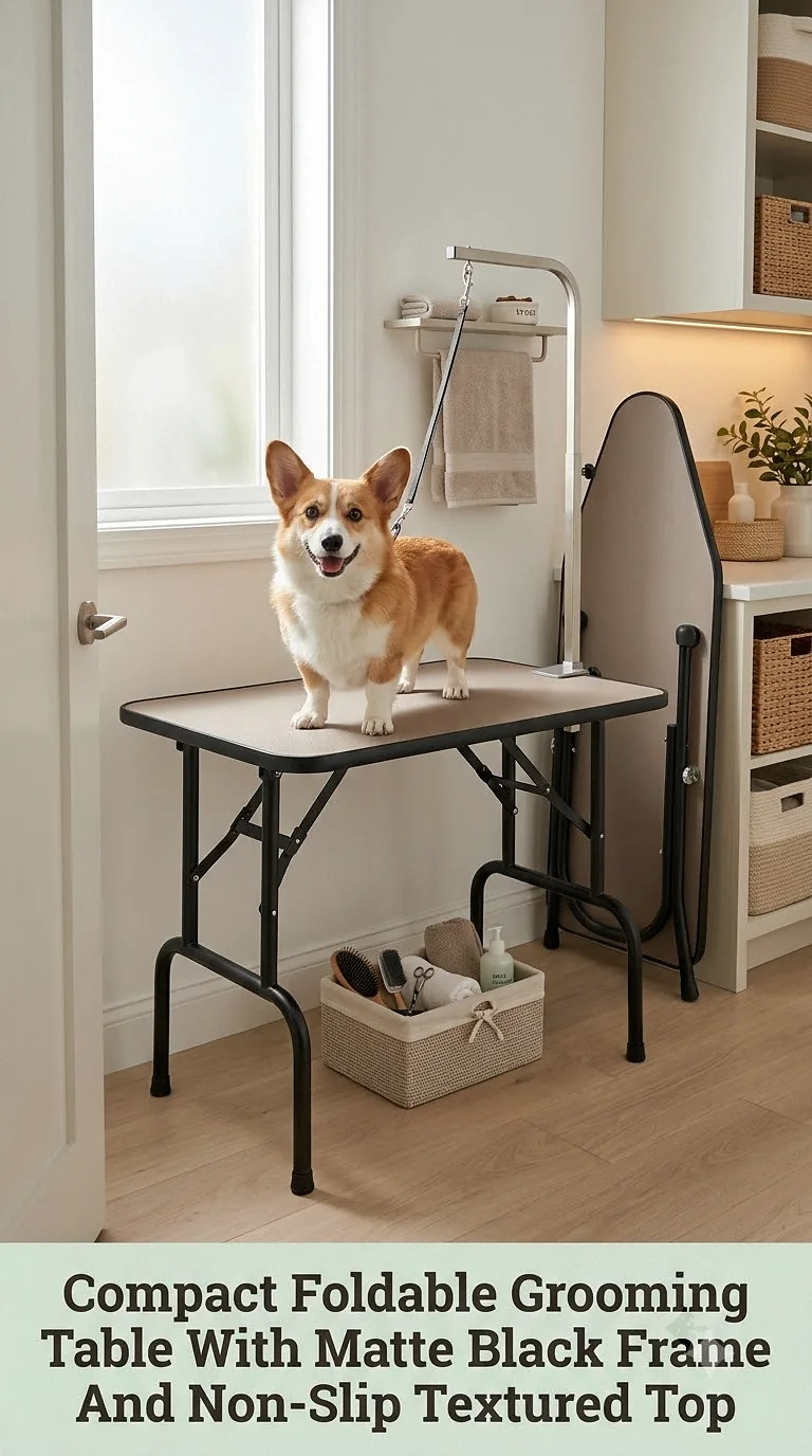 Compact Foldable Grooming Table With Matte Black Frame And Non-Slip Textured Top