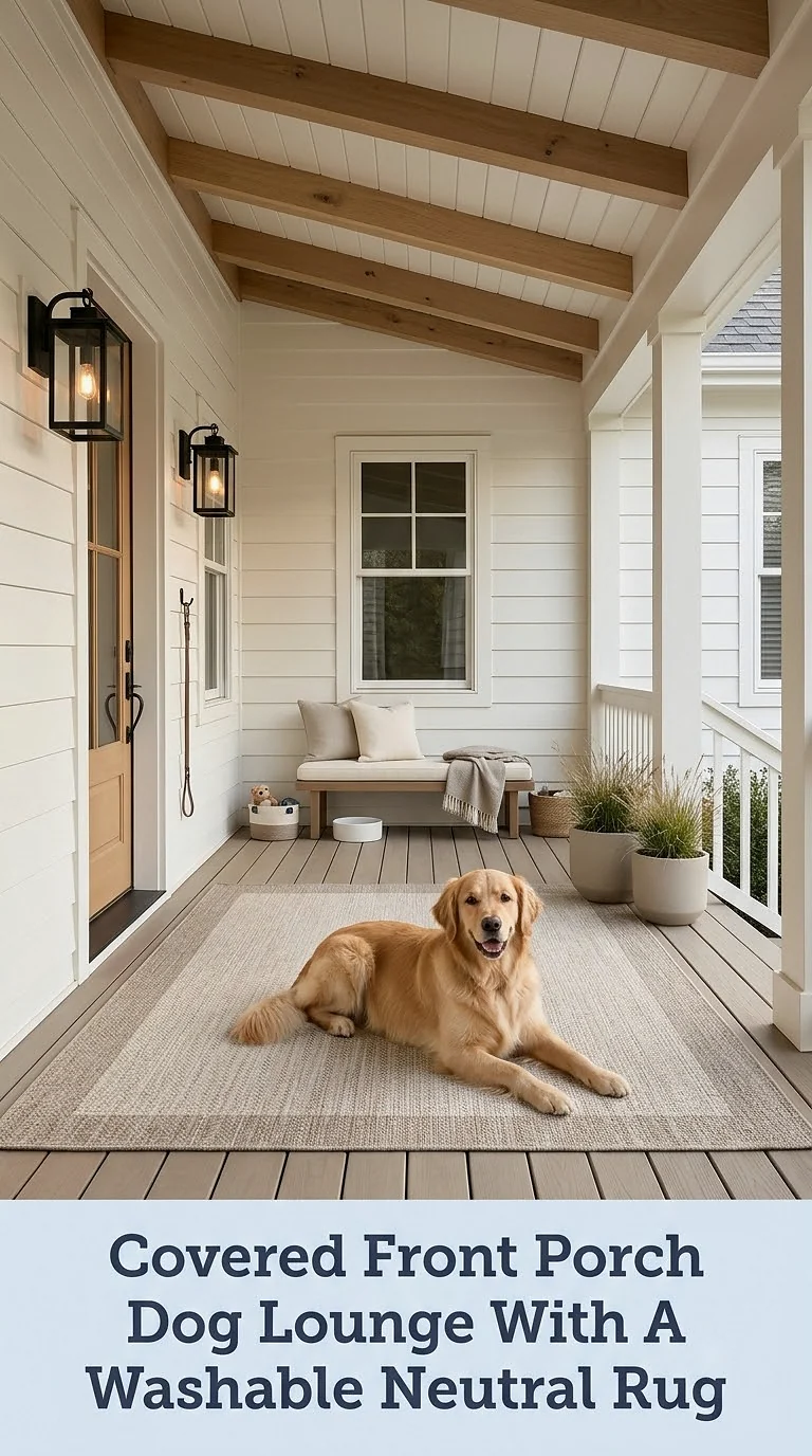 Covered Front Porch Dog Lounge With A Washable Neutral Rug