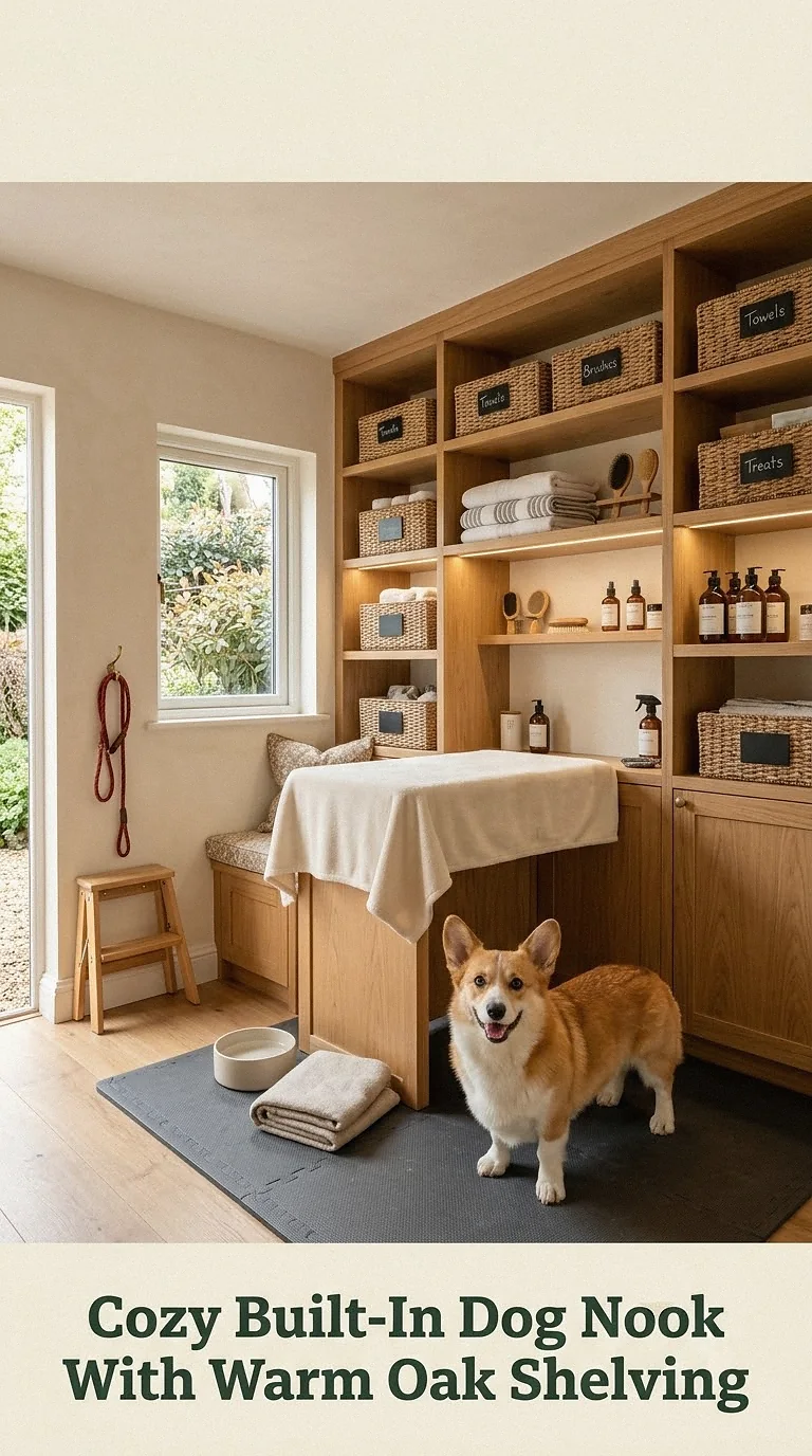 Cozy Built-In Dog Nook With Warm Oak Shelving
