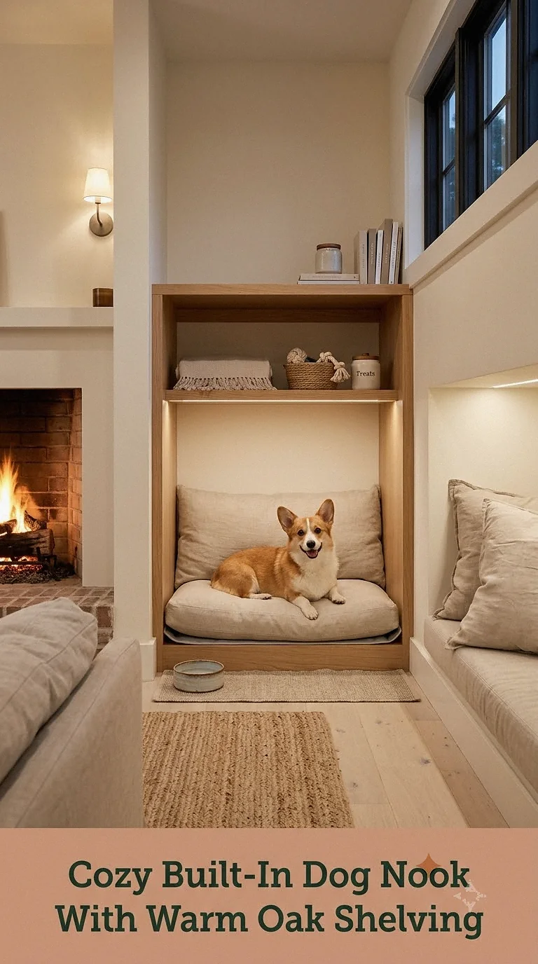 Cozy Built-In Dog Nook With Warm Oak Shelving