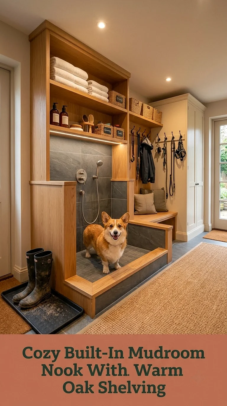 Cozy Built-In Mudroom Nook With Warm Oak Shelving