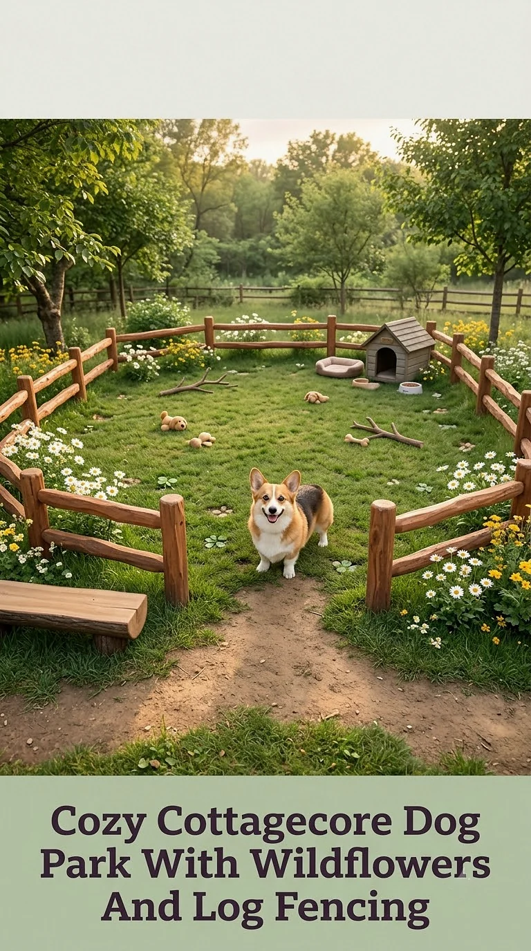 Cozy Cottagecore Dog Park With Wildflowers And Log Fencing