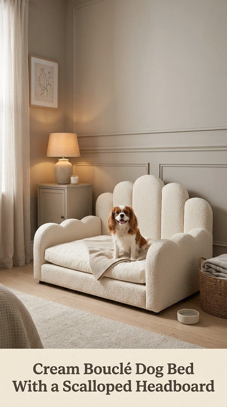 Cream Bouclé Dog Bed With a Scalloped Headboard