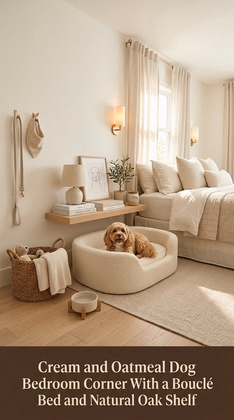 1. Cream and Oatmeal Dog Bedroom Corner With a Bouclé Bed and Natural Oak Shelf