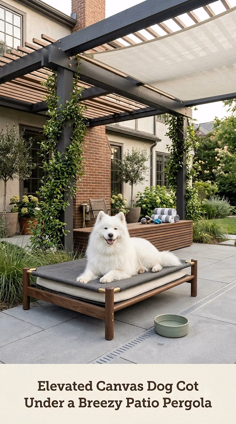 Elevated Canvas Dog Cot Under a Breezy Patio Pergola