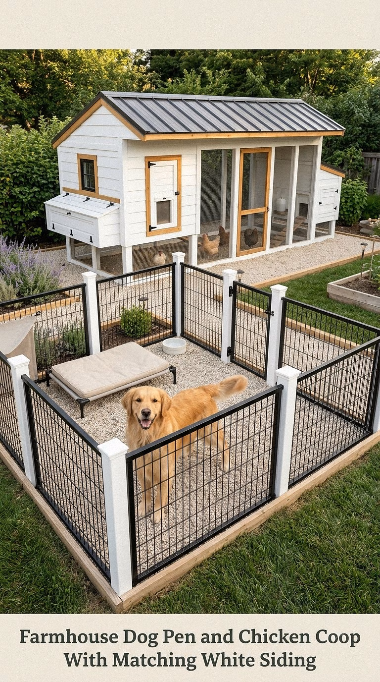 Farmhouse Dog Pen and Chicken Coop With Matching White Siding