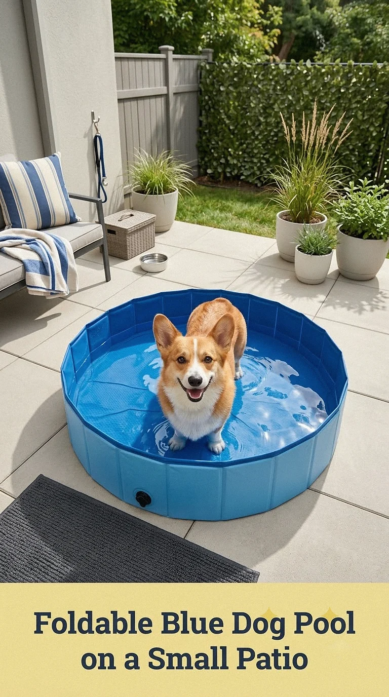 Foldable Blue Dog Pool on a Small Patio