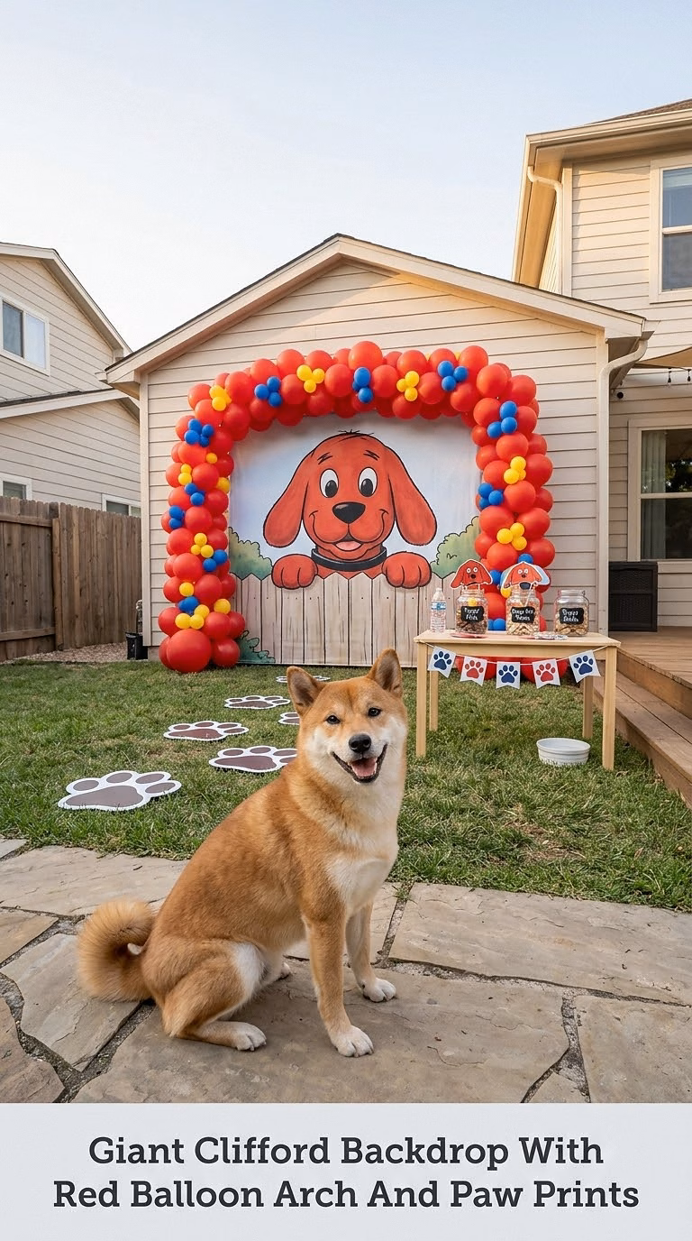 Giant Clifford Backdrop With Red Balloon Arch And Paw Prints