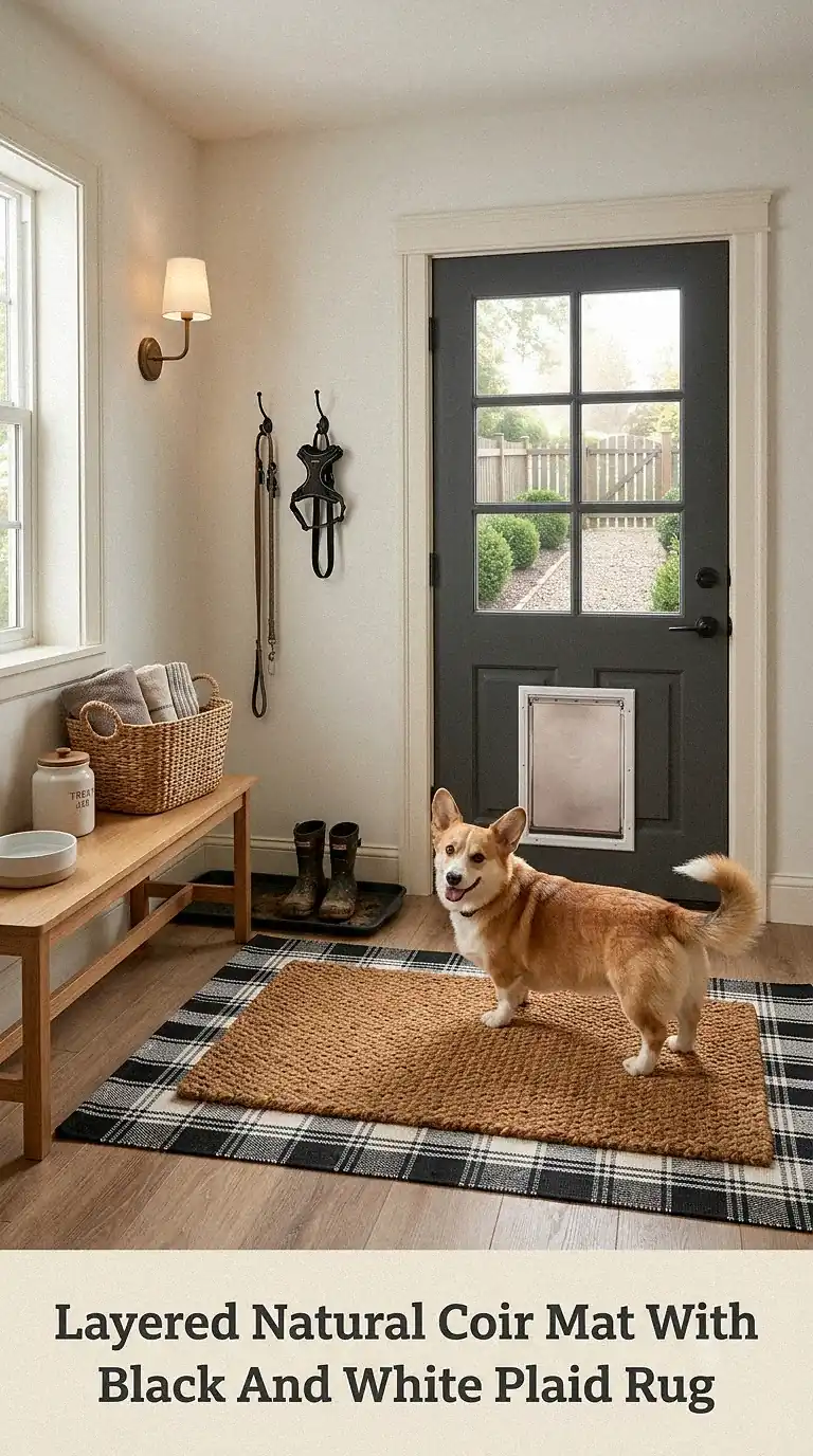Layered Natural Coir Mat With Black And White Plaid Rug