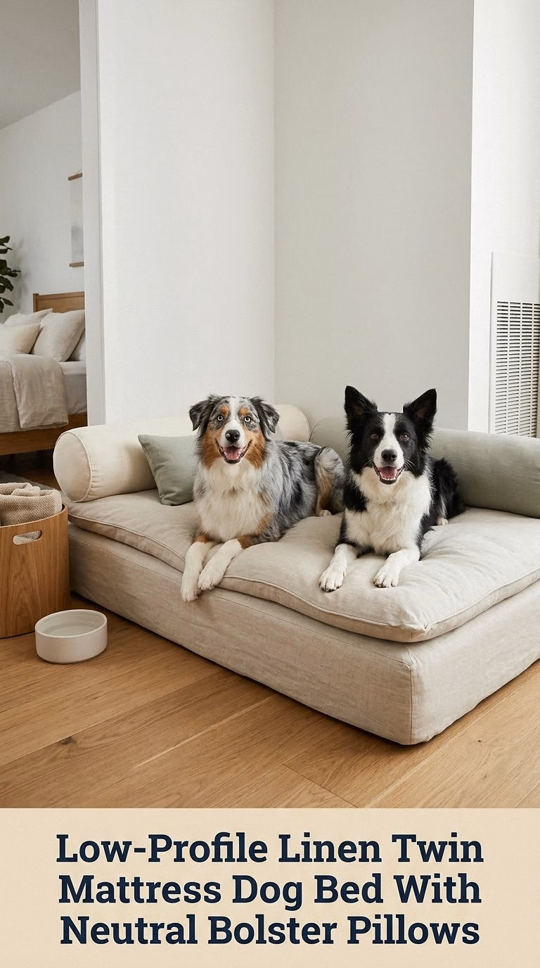 Low-Profile Linen Twin Mattress Dog Bed With Neutral Bolster Pillows