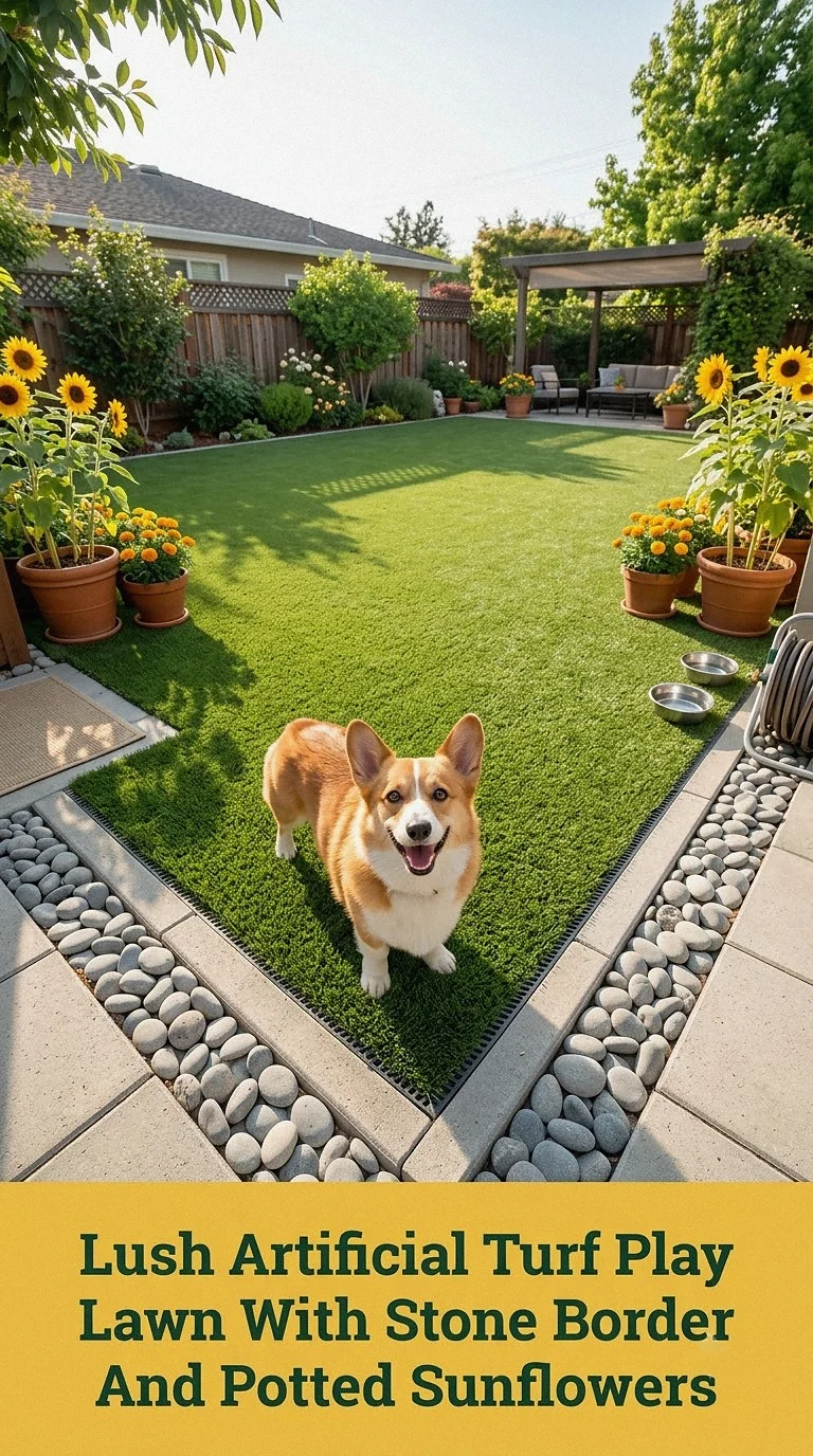 Lush Artificial Turf Play Lawn With Stone Border And Potted Sunflowers