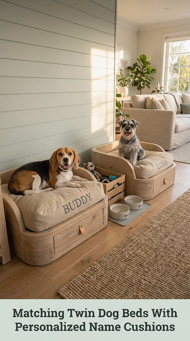 Matching Twin Dog Beds With Personalized Name Cushions