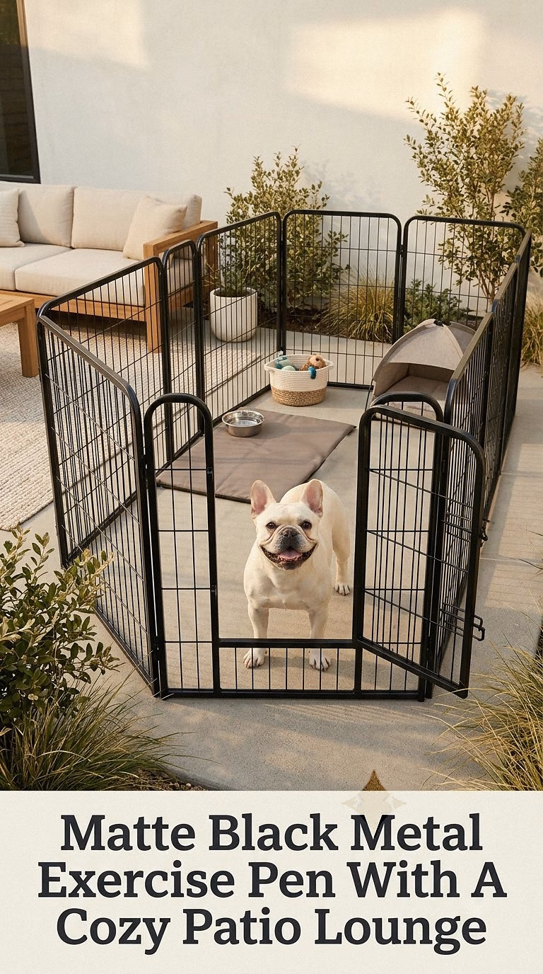 Matte Black Metal Exercise Pen With A Cozy Patio Lounge