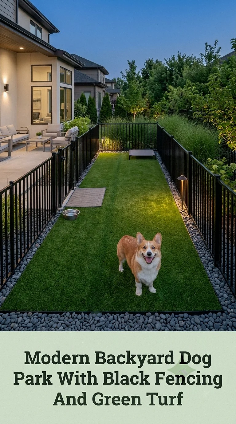 Modern Backyard Dog Park With Black Fencing And Green Turf