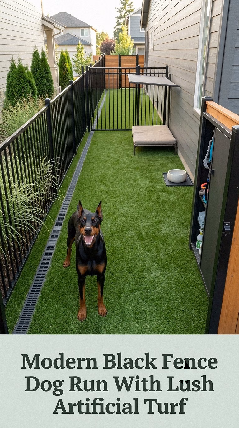 Modern Black Fence Dog Run With Lush Artificial Turf
