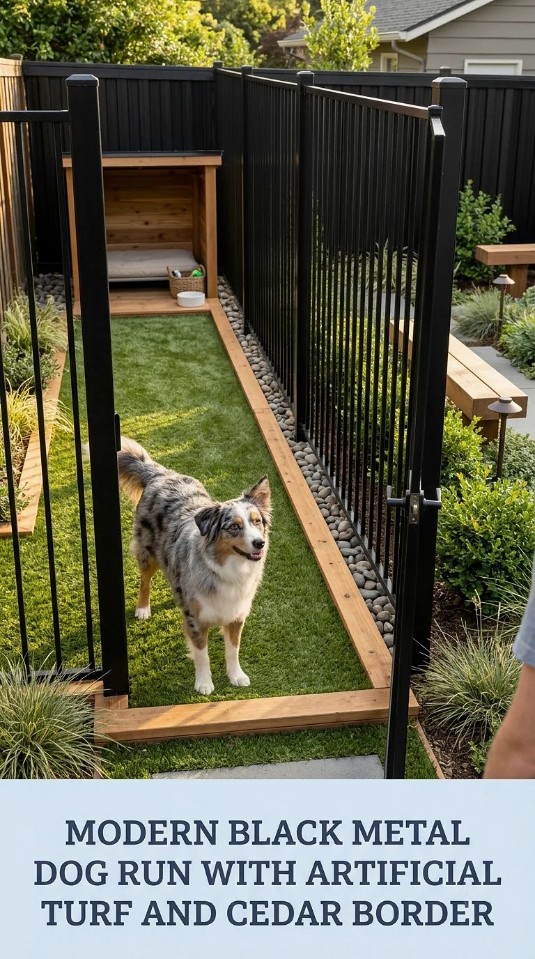 Modern Black Metal Dog Run With Artificial Turf And Cedar Border