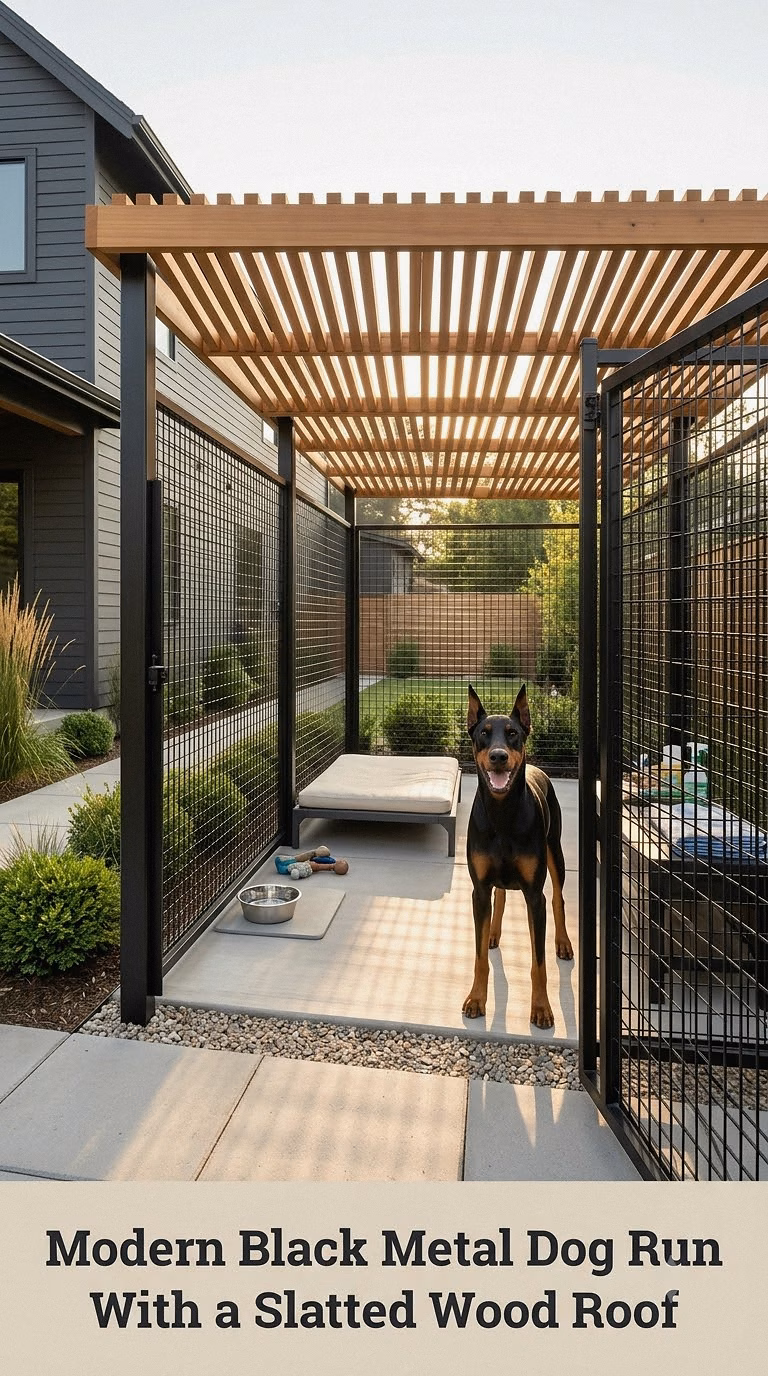Modern Black Metal Dog Run With a Slatted Wood Roof