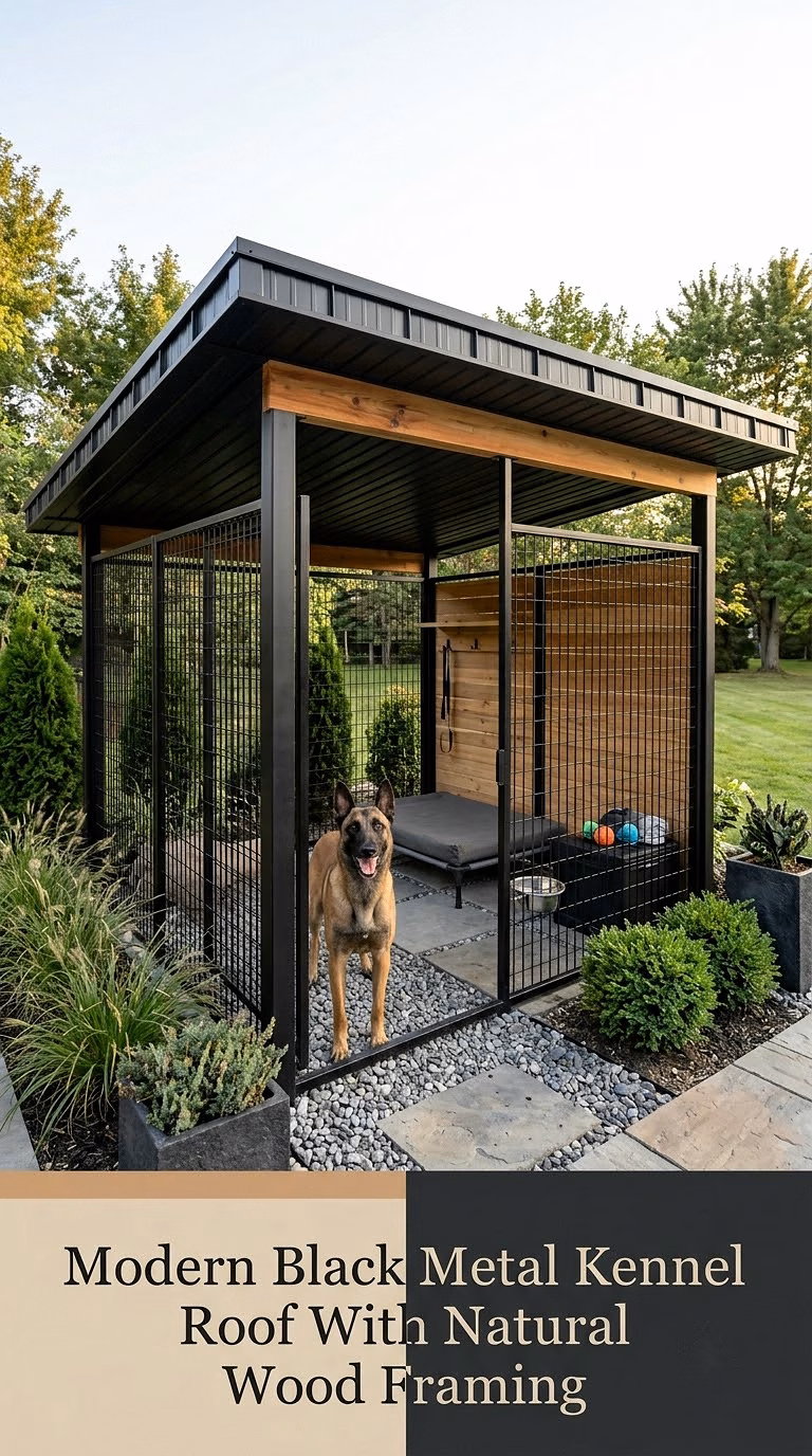 Modern Black Metal Kennel Roof With Natural Wood Framing