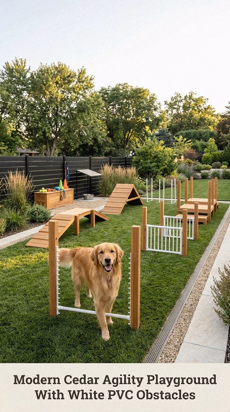 Modern Cedar Agility Playground With White PVC Obstacles