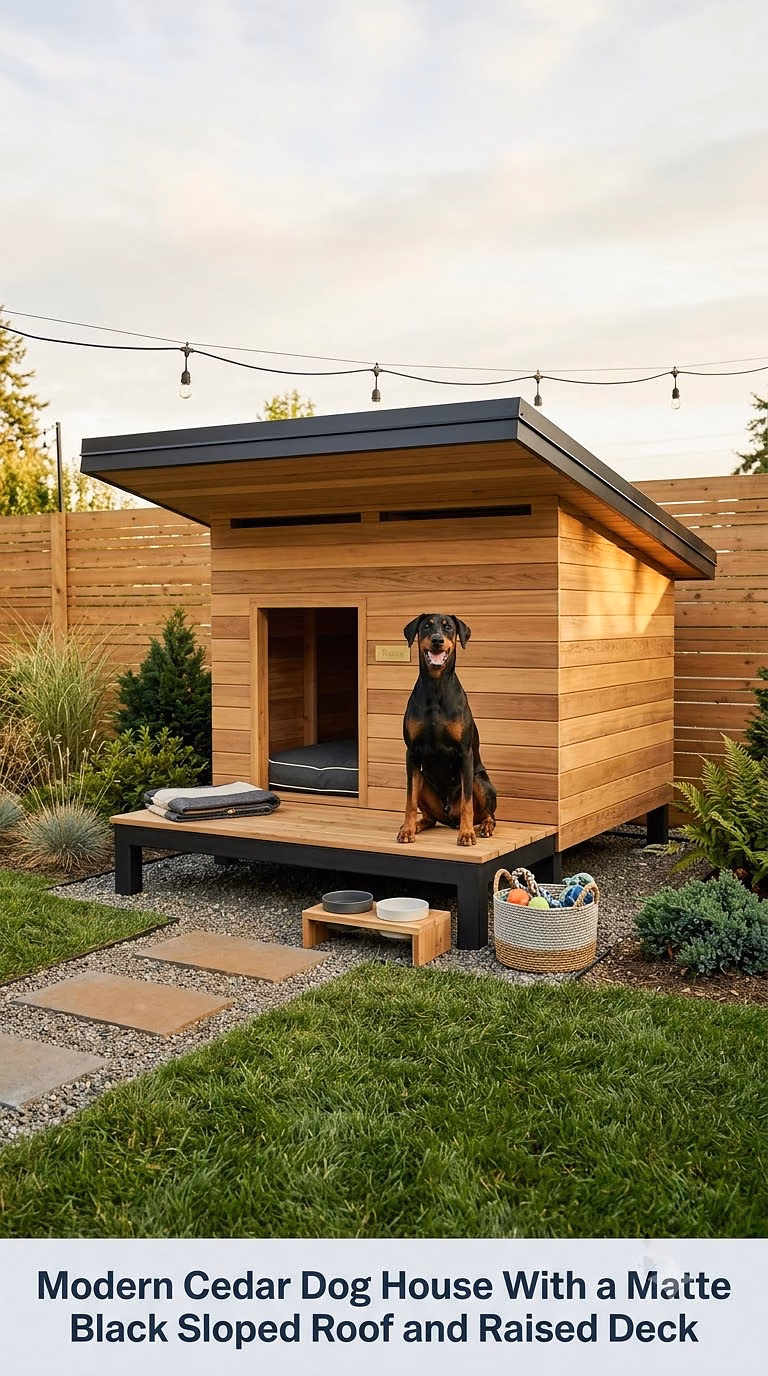 Modern Cedar Dog House With a Matte Black Sloped Roof and Raised Deck