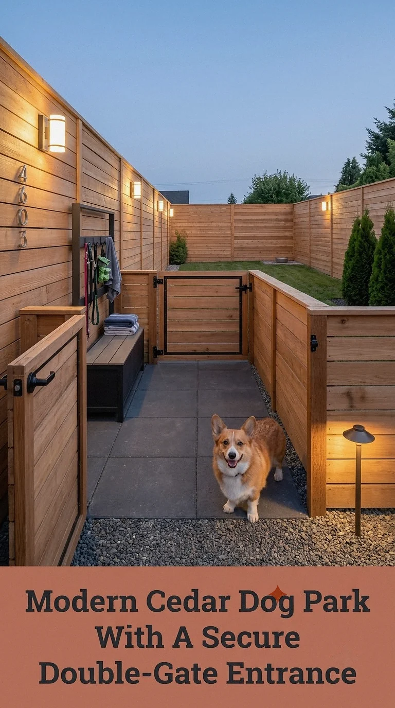Modern Cedar Dog Park With A Secure Double-Gate Entrance