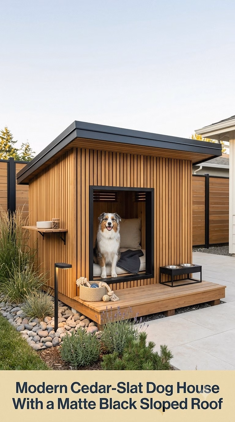 Modern Cedar-Slat Dog House With a Matte Black Sloped Roof