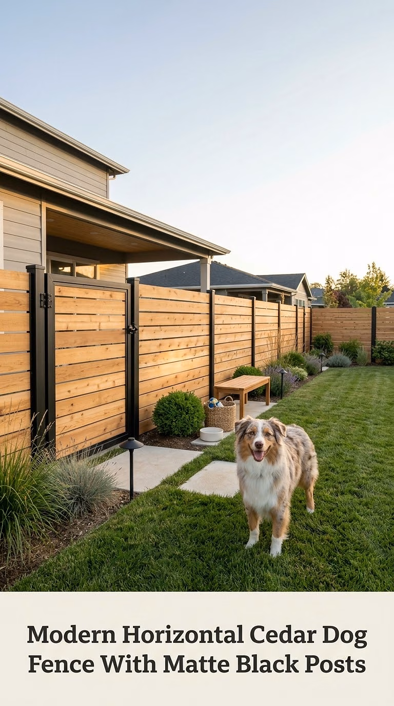 Modern Horizontal Cedar Dog Fence With Matte Black Posts