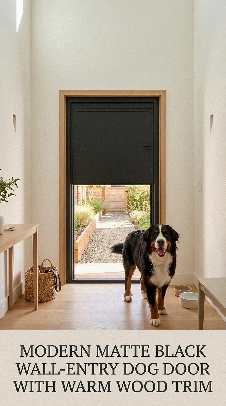 Modern Matte Black Wall-Entry Dog Door With Warm Wood Trim