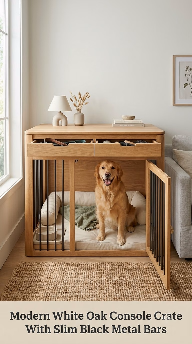 Modern White Oak Console Crate With Slim Black Metal Bars
