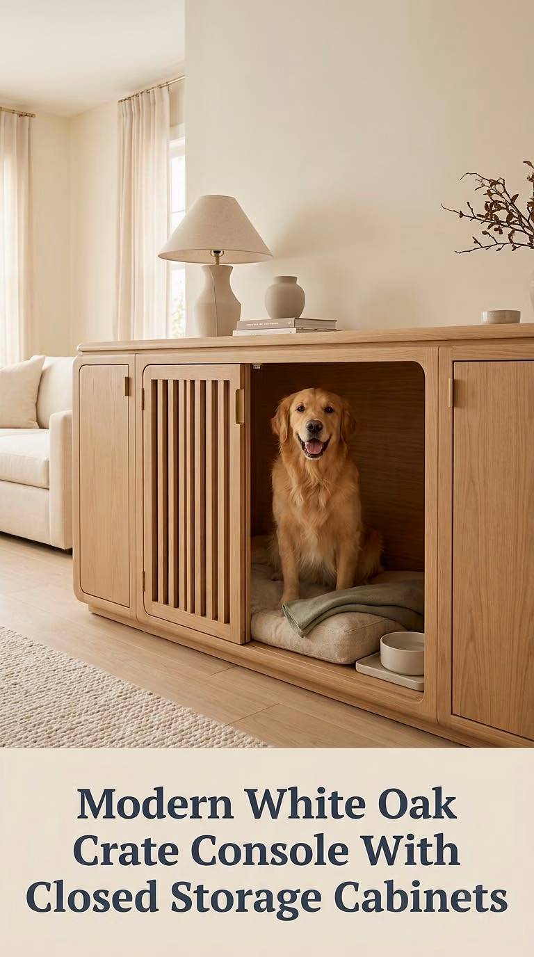 Modern White Oak Crate Console With Closed Storage Cabinets