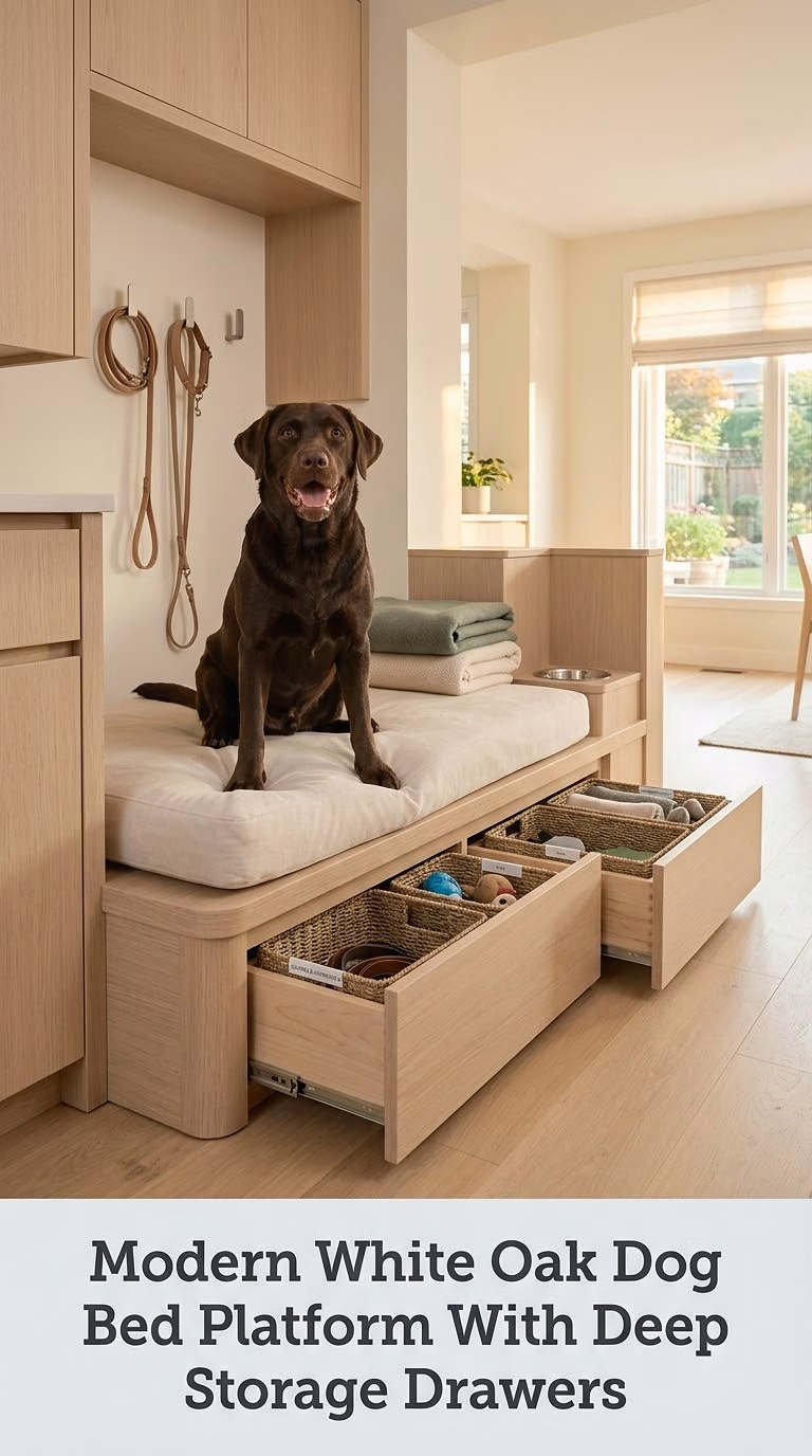Modern White Oak Dog Bed Platform With Deep Storage Drawers
