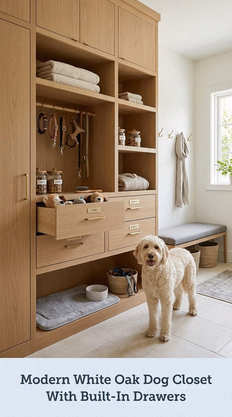 Modern White Oak Dog Closet With Built-In Drawers