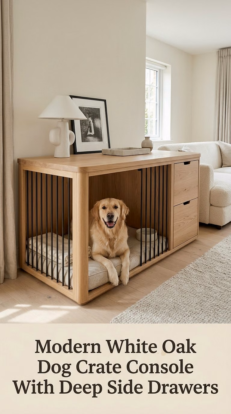 Modern White Oak Dog Crate Console With Deep Side Drawers