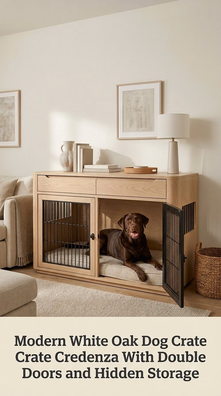 Modern White Oak Dog Crate Credenza With Double Doors and Hidden Storage
