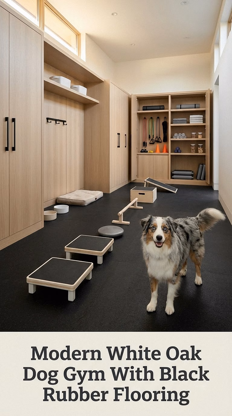 Modern White Oak Dog Gym With Black Rubber Flooring