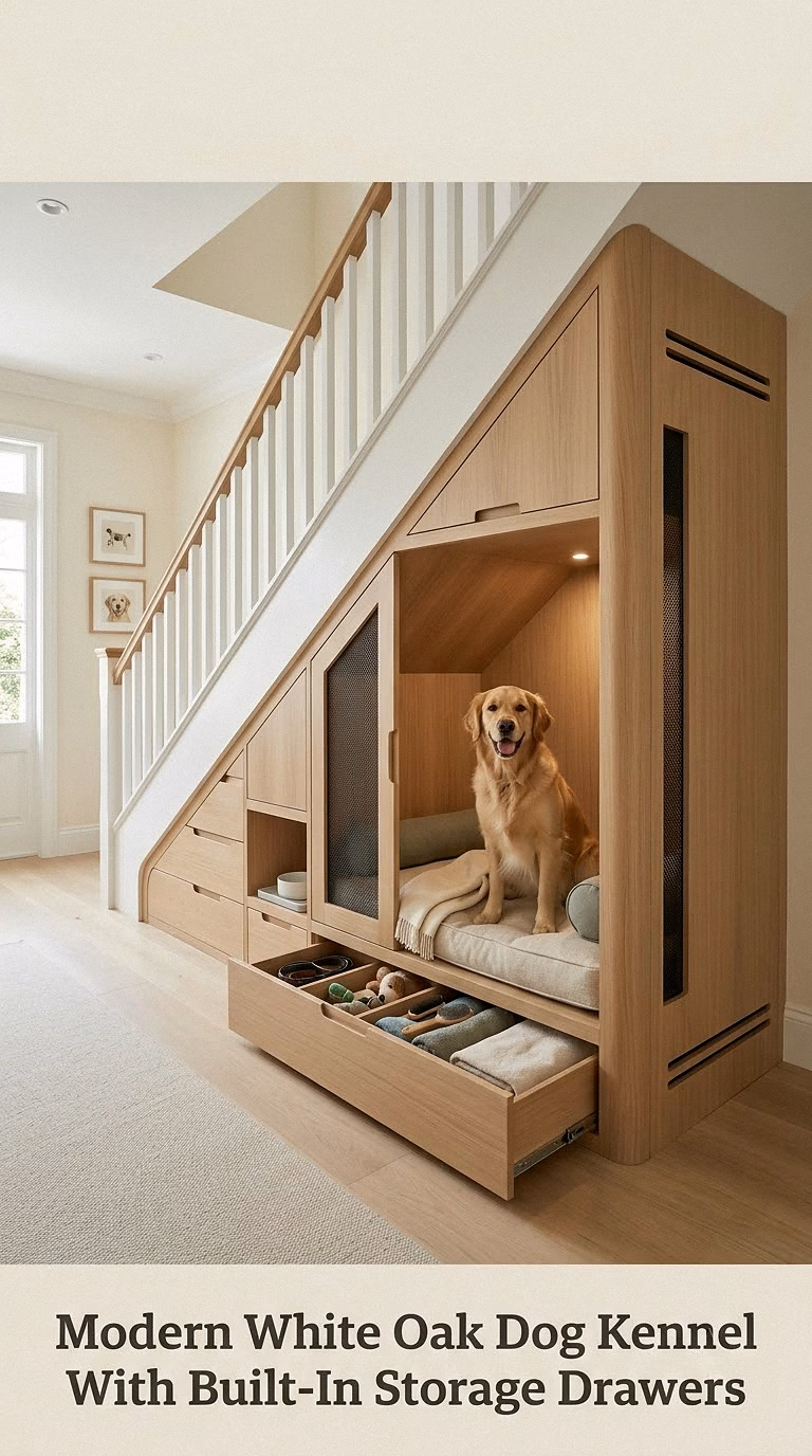 Modern White Oak Dog Kennel With Built-In Storage Drawers