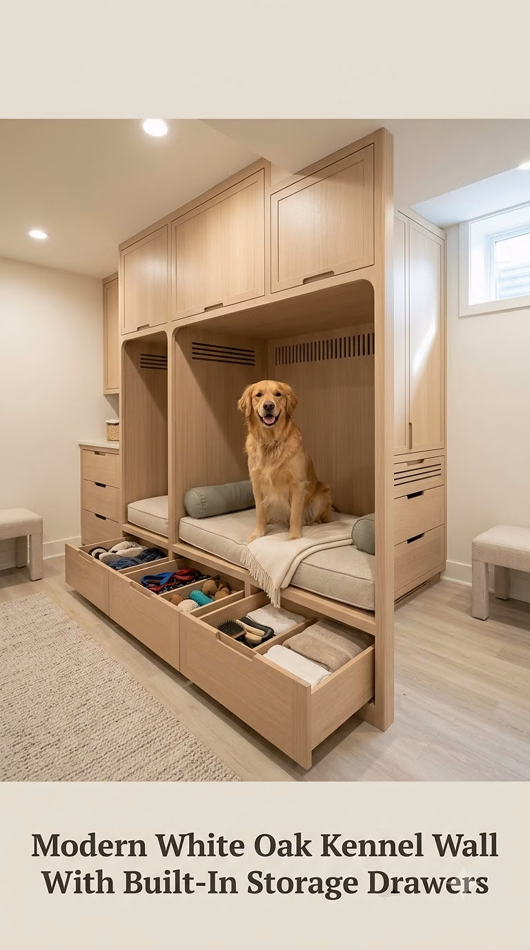 Modern White Oak Kennel Wall With Built-In Storage Drawers